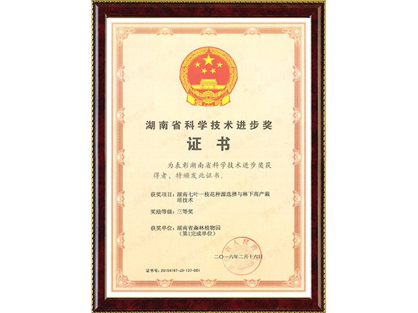 湖南七叶一枝花种源选择与林下高产莳植手艺(省科技前进三等奖~完成单位第1)---2016.2.16